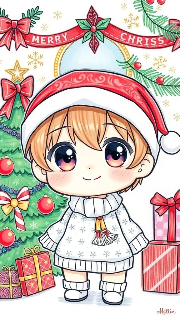 Chibi character in a Santa hat with Christmas decorations.